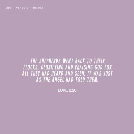 The shepherds went back to their flocks, glorifying and praising God for all they had heard and seen. It was just as the angel had told them.