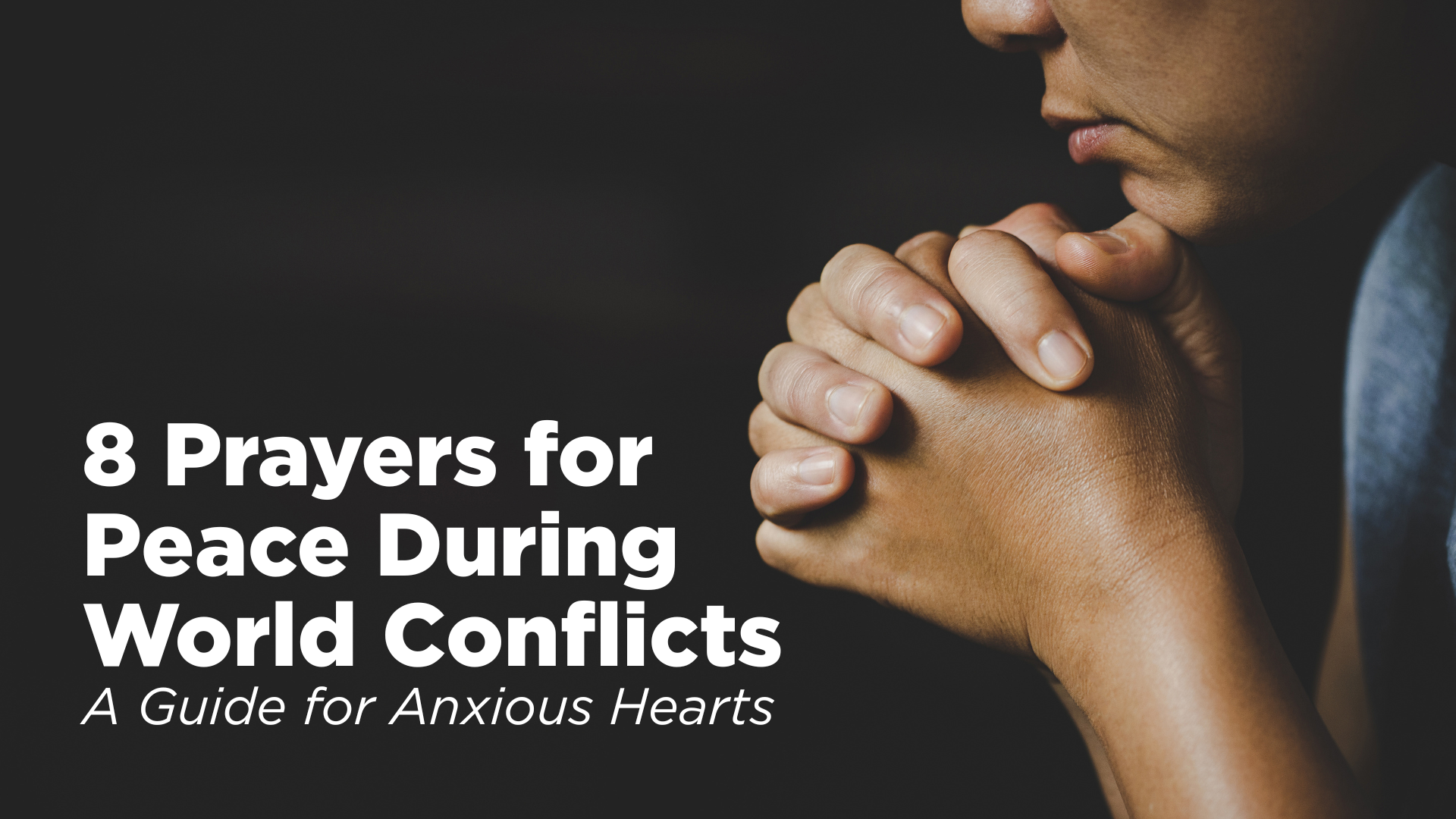 person praying on right of image with text on left