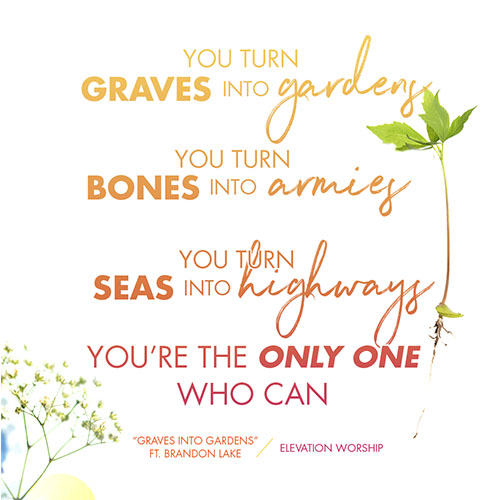 You turn graves into gardens  You turn bones into armies  You turn seas into highways  You’re the only one who can  “Graves Into Gardens” Elevation Worship