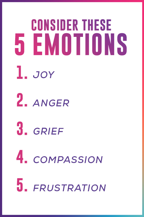 Consider These 5 Emotions: 1. Joy 2. Anger 3. Grief 4. Compassion 5. Frustration