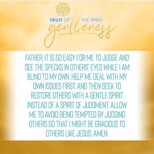 Father, it is so easy for me to judge and see the specks in others’ eyes while I am blind to my own. Help me deal with my own issues first, and then seek to restore others with a gentle spirit instead of a spirit of judgment. Allow me to avoid being tempted by judging others so that I might be gracious to others like Jesus. Amen.  