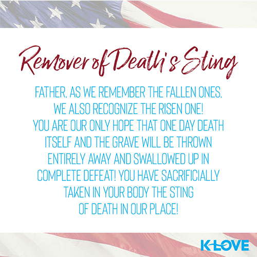 Remover of Death’s Sting   Father, as we remember the fallen ones, we also recognize the risen one! You are our only hope that one day death itself and the grave will be thrown entirely away and swallowed up in complete defeat! You have sacrificially taken in your body the sting of death in our place!  