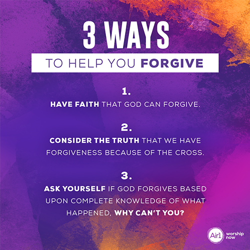 3 Ways to Help You Forgive   1. Have faith that God can forgive.   2. Consider the truth that we have forgiveness because of the cross.    3. Ask yourself if God forgives based upon complete knowledge of what happened, why can’t you?