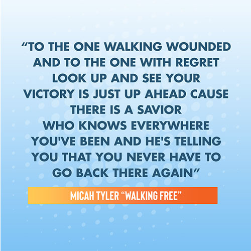 "To the one walking wounded And to the one with regret Look up and see your victory is just up ahead Cause there is a Savior Who knows everywhere you