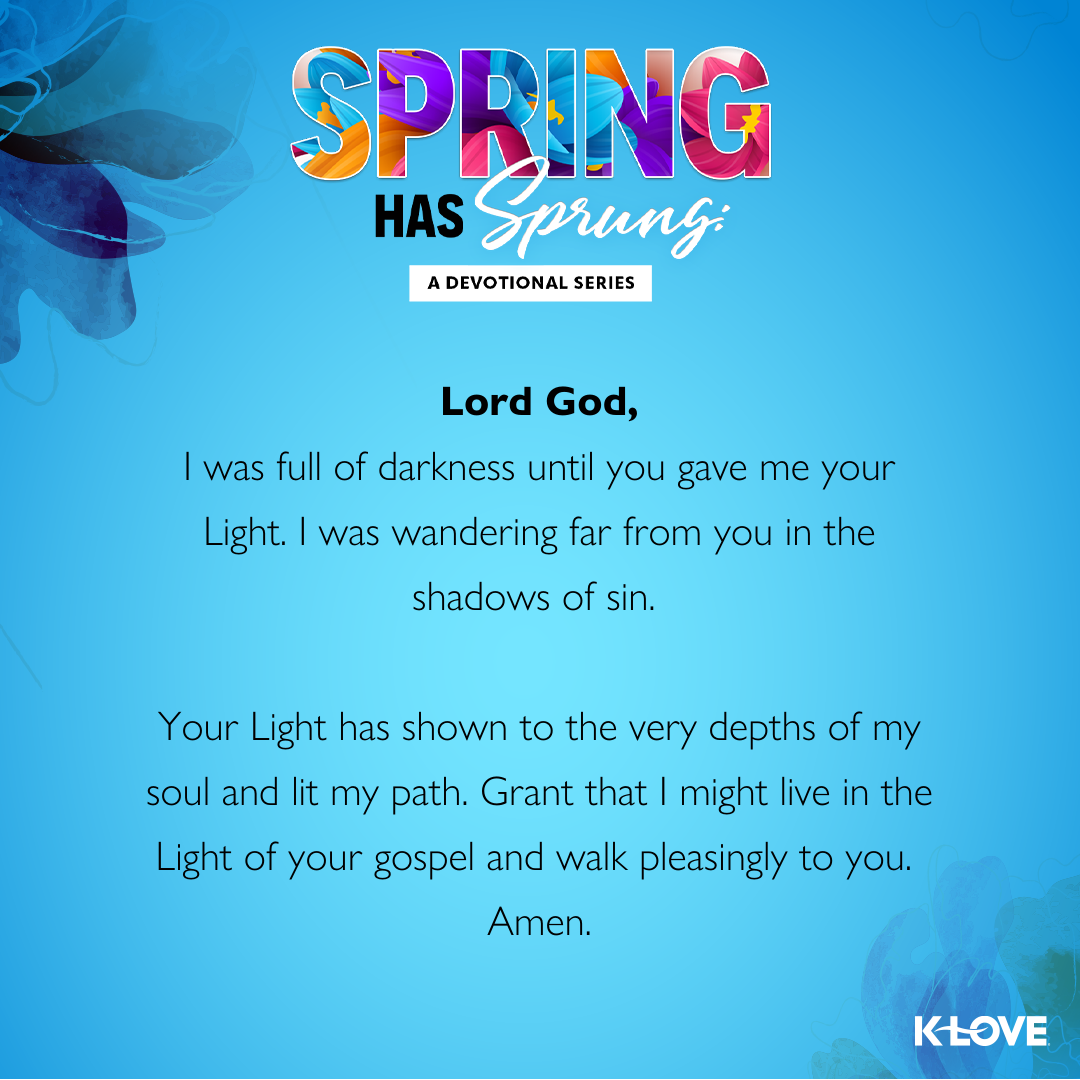 Lord God,  I was full of darkness until you gave me your Light. I was wandering far from you in the shadows of sin. Your Light has shown to the very depths of my soul and lit my path. Grant that I might live in the Light of your gospel and walk pleasingly to you.  Amen.  