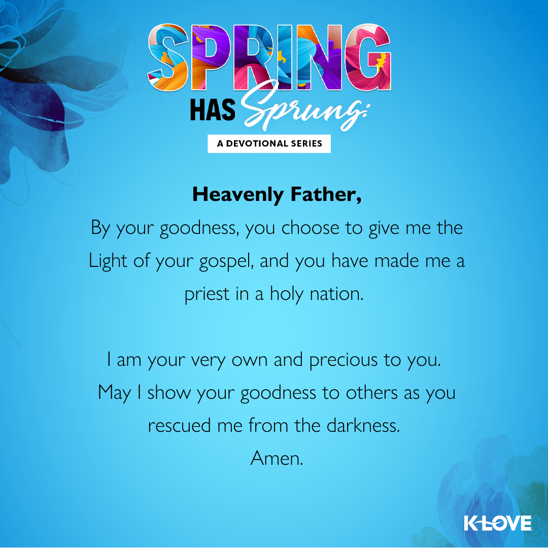 Heavenly Father,  By your goodness, you choose to give me the Light of your gospel, and you have made me a priest in a holy nation. I am your very own and precious to you. May I show your goodness to others as you rescued me from the darkness.  Amen.  