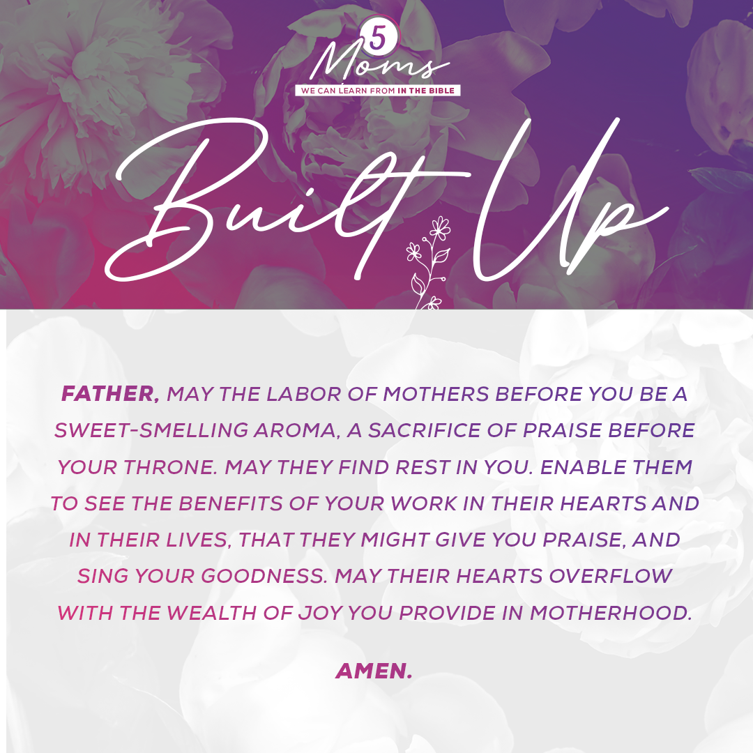 Built Up  Father, May the labor of mothers before You be a sweet-smelling aroma, a sacrifice of praise before Your throne. May they find rest in you. Enable them to see the benefits of Your work in their hearts and in their lives, that they might give You praise, and sing Your goodness. May their hearts overflow with the wealth of joy you provide in motherhood. Amen. 