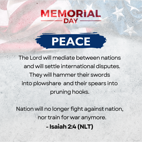 Peace Jesus, as we remember those who have given their lives to fight for our freedom, we are at a loss. We ask you to mediate between nations and settle international disputes. We pray they will hammer their swords into plowshares and their spears into pruning hooks so countries will no longer fight or train for war.   