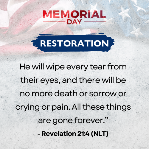 Restoration Lord Jesus, today we think about the tragedies of war, remembering those we’ve lost and all it has cost. We look forward to the age when the nations will be completely healed (Revelation 22:2), and you will wipe every tear from our eyes. We set our hope on that day when death, sorrow, crying, and pain will be gone forever! 