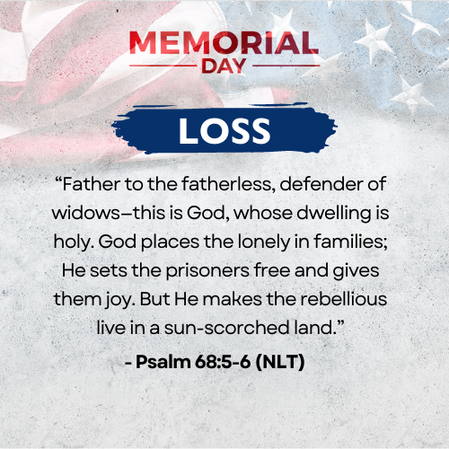 Loss     Father, we pray for those who have lost a spouse, parent, or loved one in service of their country. You are a Father to the fatherless and a defender of widows. You set the lonely in a family and will surely bring justice to the widow who cries out to you day and night (Exodus 22:23 & Luke 18:7)!      