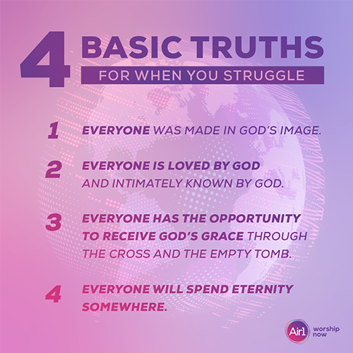 4 Basic Truths for When You Struggle   Everyone was made in God’s image. Everyone is loved by God and intimately known by God. Everyone has the opportunity to receive God’s grace through the cross and the empty tomb. Everyone will spend eternity somewhere.