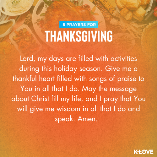Lord, my days are filled with activities during this holiday season. Give me a thankful heart filled with songs of praise to You in all that I do. May the message about Christ fill my life, and I pray that You will give me wisdom in all that I do and speak. Amen.