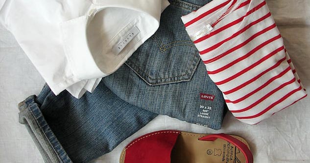 Levis jeans with white shirt and red striped shirt, red sandal