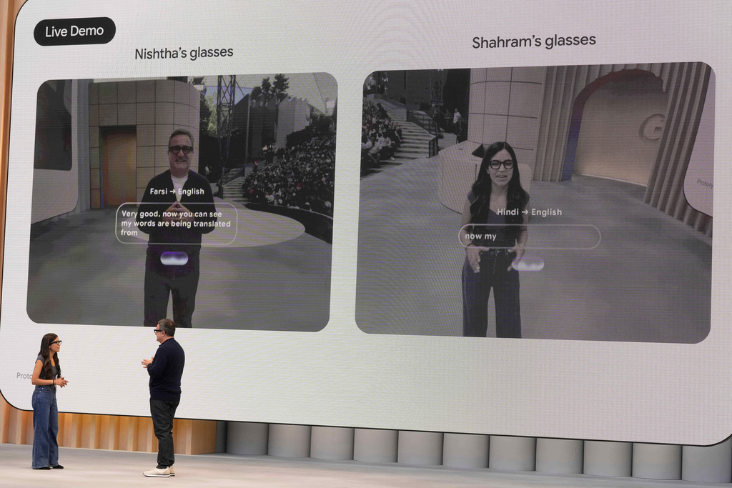 Nishtha Bhatia, Product Manager at Google, Glasses & AI, bottom left, and Shahram Izadi, Android XR Platform & Products, speak at a Google I/O event in Mountain View, Calif.