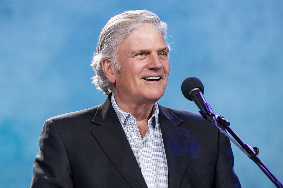 Franklin Graham preaches in Essen, Germany, in 2023.