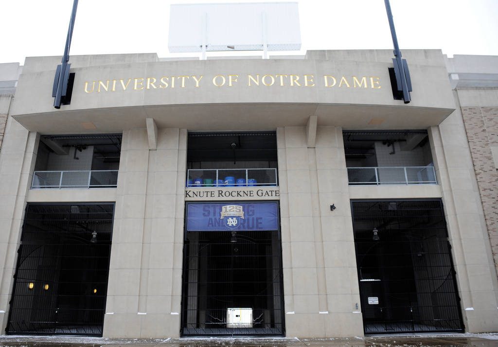 The Knute Rockne gate to Notre Dame stadium on the campus of the University of Notre Dame in South Bend, Ind.