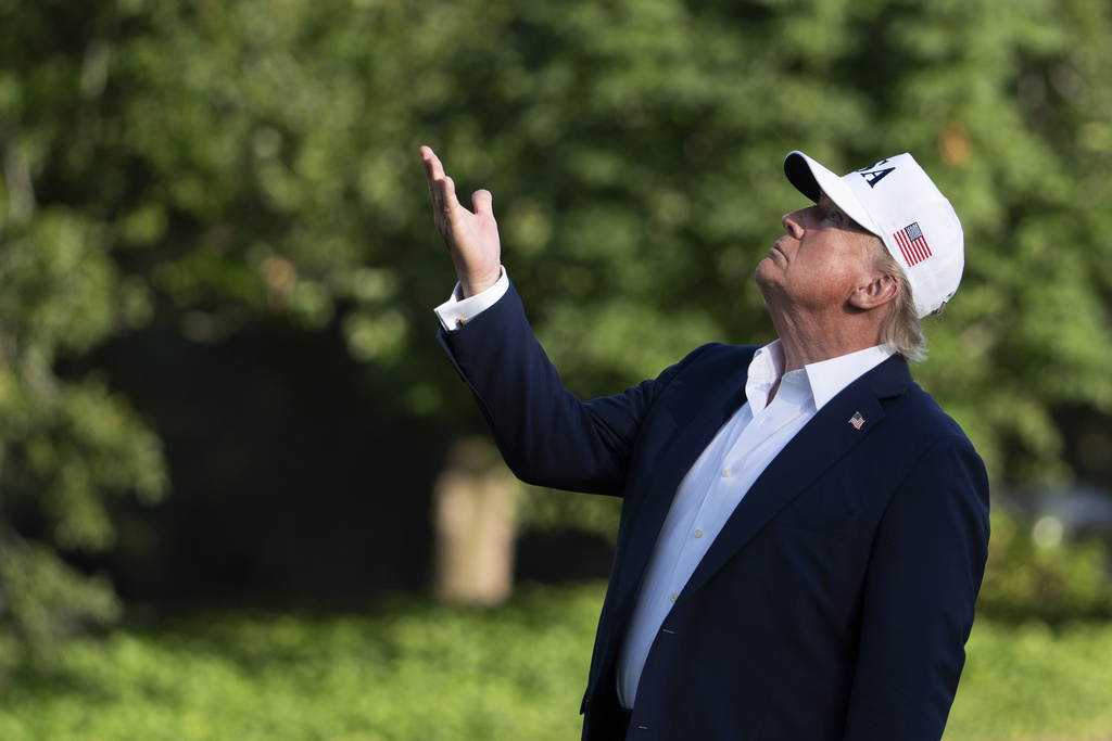 President Donald Trump looks up at the American flag on the flagpole on the South Lawn
