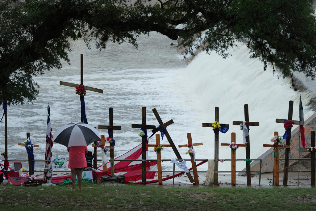 A makeshift memorial for flood victims along the Guadalupe River in Kerrville, Texas