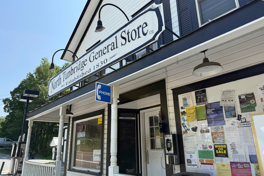 A phone installed by engineer Patrick Schlott is pictured outside the North Tunbridge General Store in Tunbridge, Vt. 