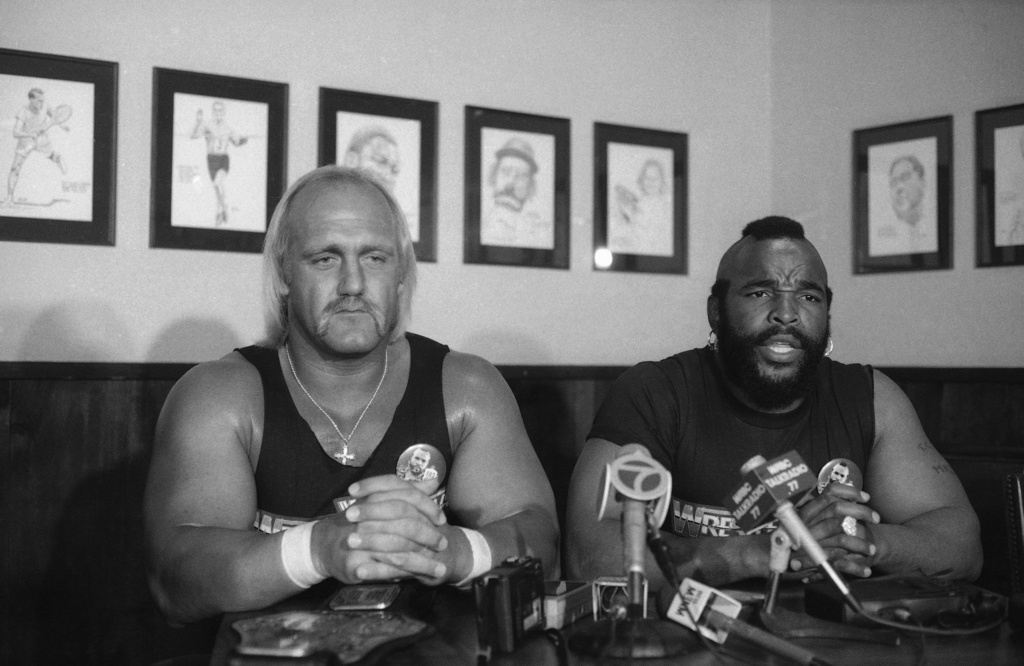 World Wrestling Federation heavyweight champion Hulk Hogan, left, and Mr. T. appear at a news conference on March 18, 1985, in New York