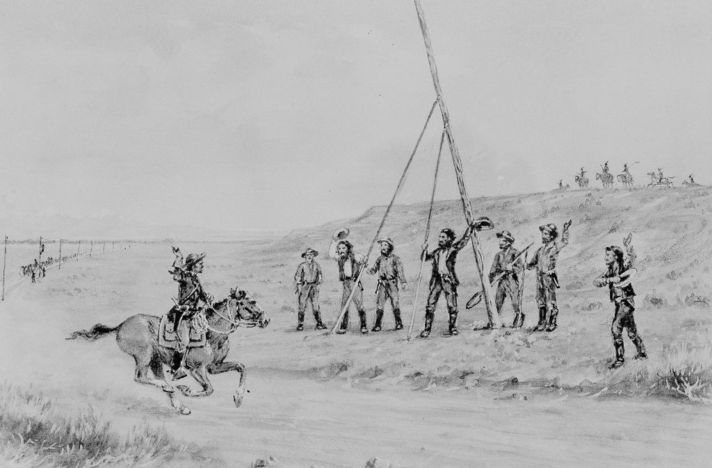 Pony Express rider greeting Western Union linemen as they string wires of the first transcontinental telegraph in 1861