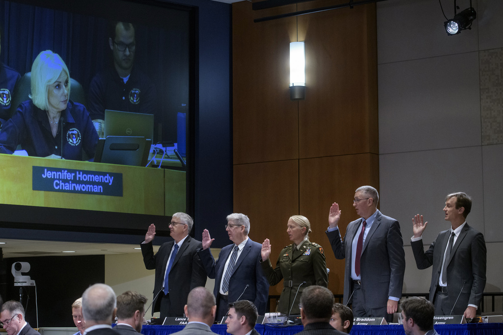 National Transportation Safety Board Chairwoman Jennifer Homendy, on monitor left, swears-in the witnesses