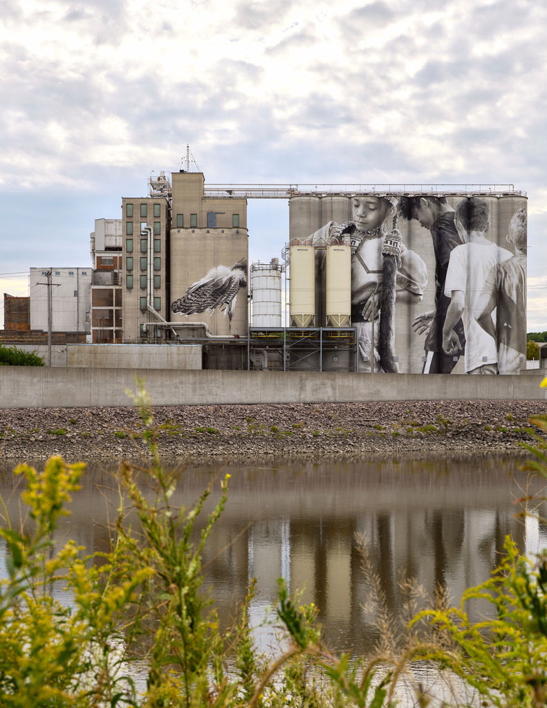 A mural he painted on silos in Mankato, Minn. 