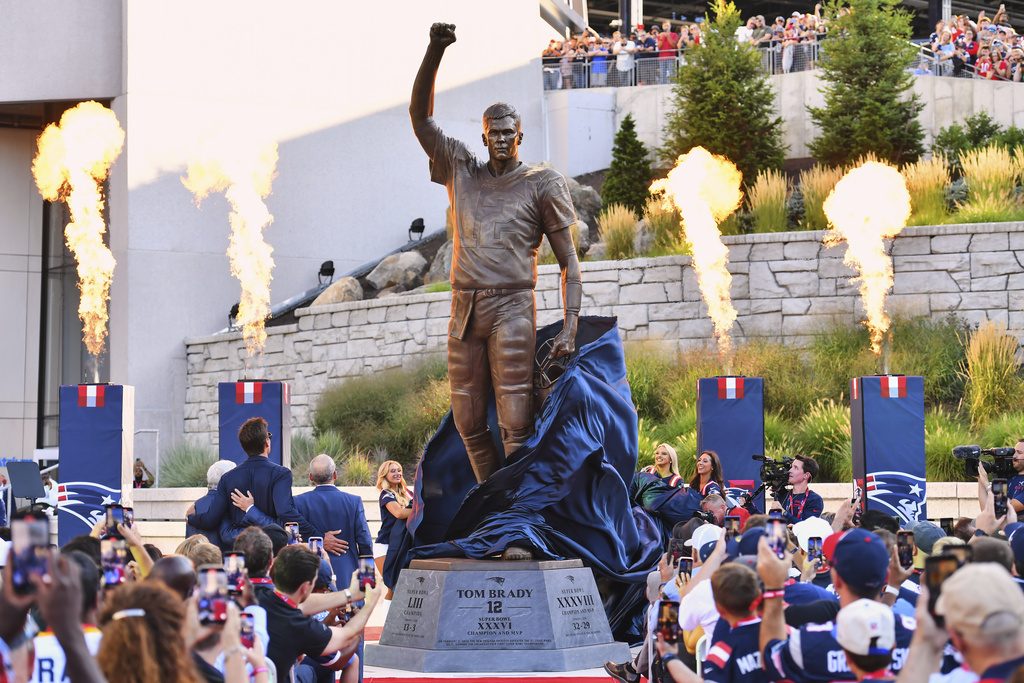 A bronze statue of former New England Patriots quarterback Tom Brady