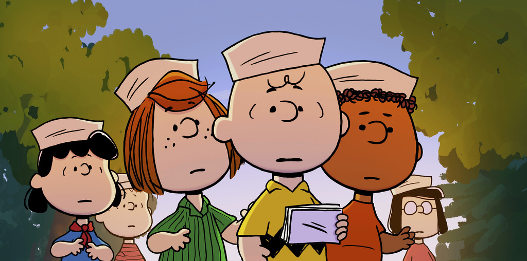 Lucy, Linus, Peppermint Patty, Charlie Brown, Franklin and Marcie in a scene from "Snoopy Presents: A Summer Musical." 