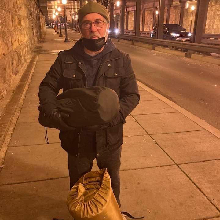Rev. Mahoney in February of 2022 taking part in a campaign of sleeping under bridges to draw attention to the needs of the homeless in Washington, D.C.