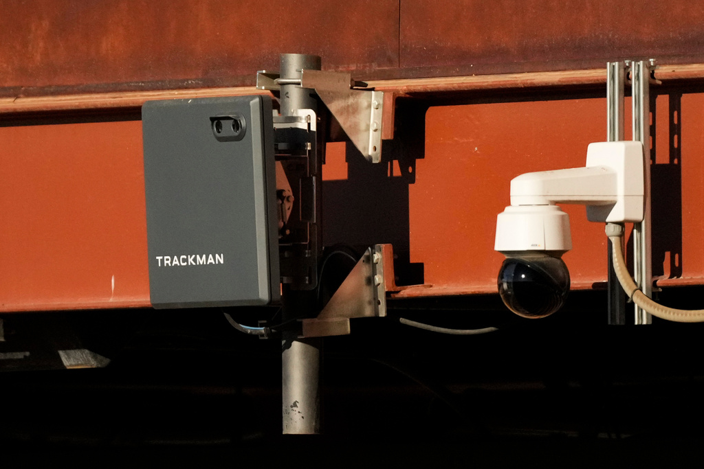 A Trackman device used for the Automated Ball-Strike System is posted on the balcony behind home plate before a spring training baseball game between the Kansas City Royals and the Los Angeles Dodgers