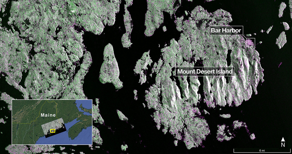 NISAR’s L-band radar shows Maine’s Mount Desert Island, green indicates forest; magenta represents hard or regular surfaces, like bare ground and buildings. The magenta area on the island’s northeast end is the town of Bar Harbor