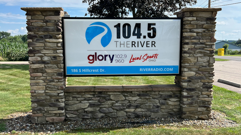 River Radio Ministries sign welcomes visitors to their headquarters, in Columbus, OH
