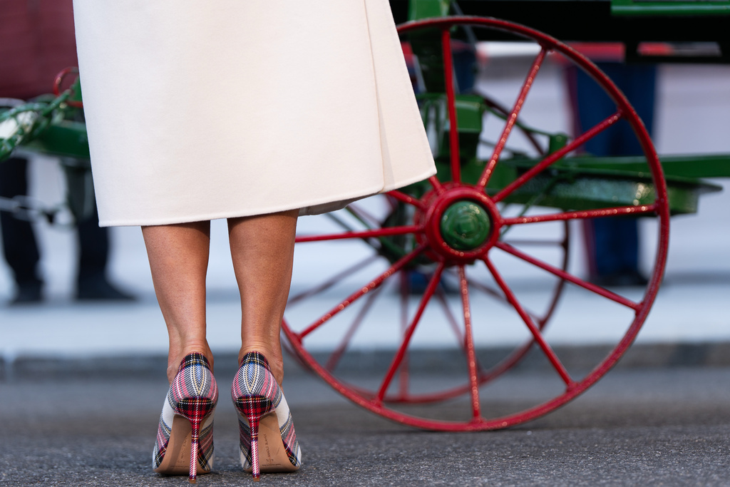 First lady Melania Trump wears Manolo Blahnik pumps while receiving the official 2025 White House Christmas Tree