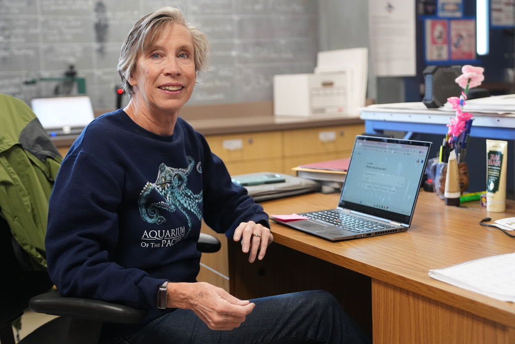 Art teacher Joyce Hatzidakis in her classroom in Riverside, Calif.
