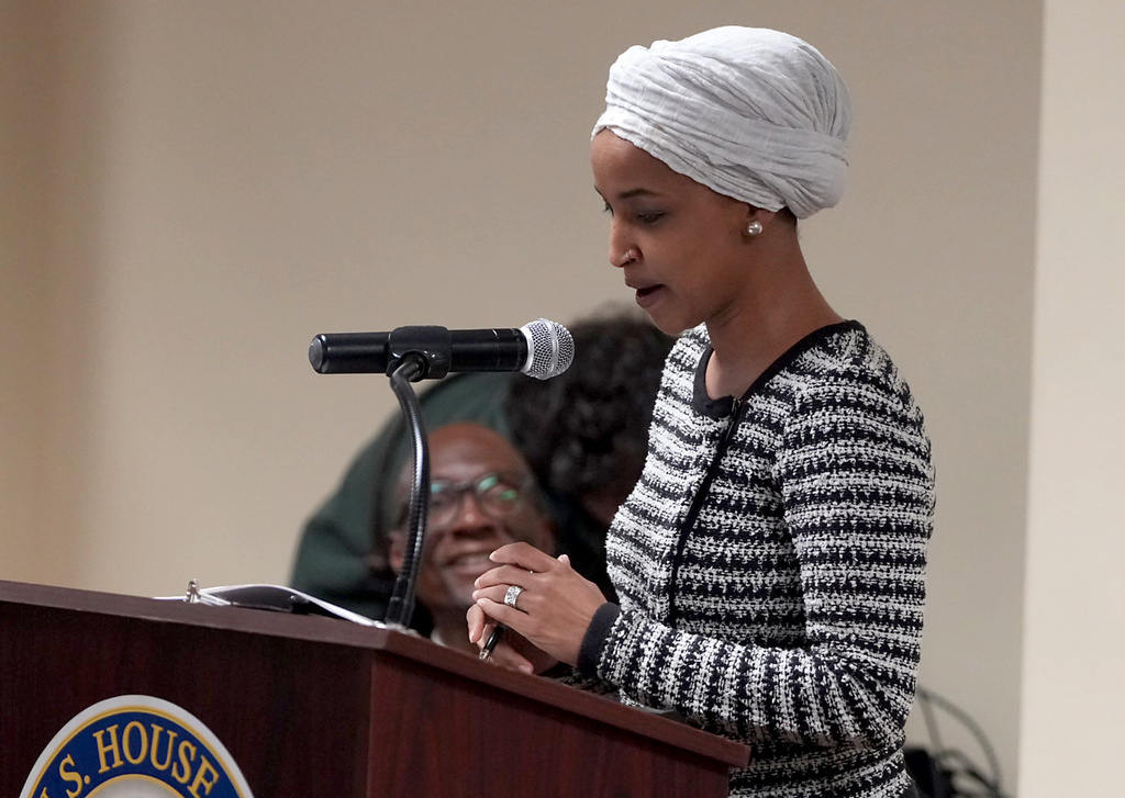 Rep. Ilhan Omar, D-Minn., speaks during a town hall in Minneapolis