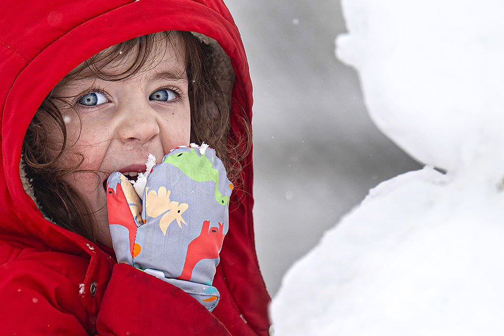 Louise Jordan, 3, eats snow while building a snowman near her home in Media, Pa.