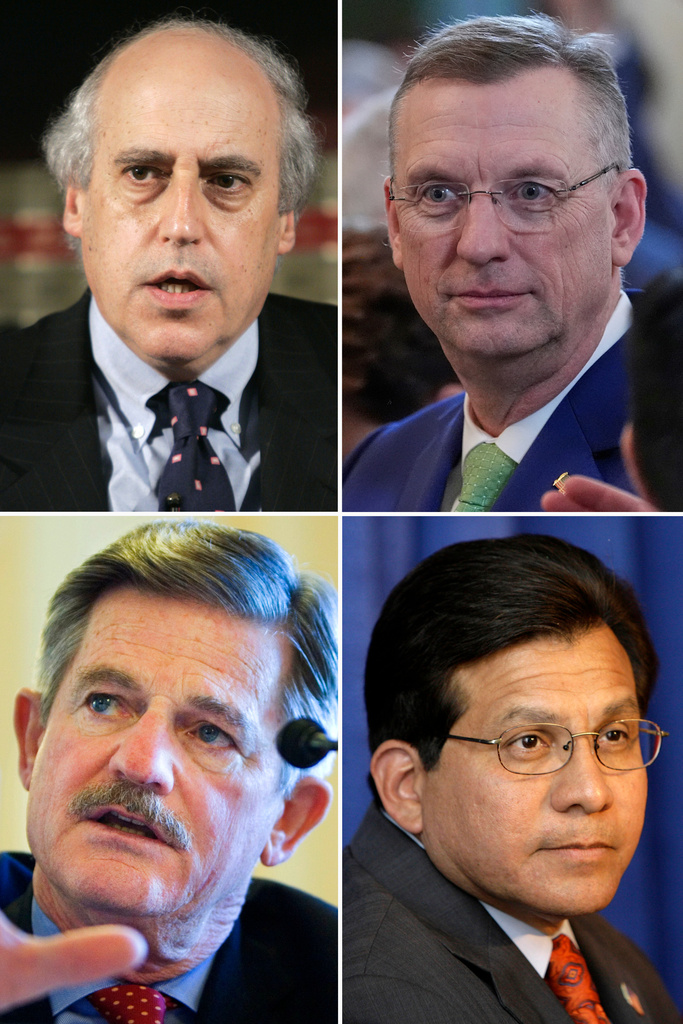 Top left, former agriculture secretary under President Bill Clinton Dan Glickman in Washington, March 28, 2005, Veterans Affairs Secretary Doug Collins in Washington, March 12, 2025, former Veterans Affairs Secretary James Nicholson in Washington, Sept. 18, 2007, and former Attorney General Alberto Gonzales in New Orleans, Aug. 28, 2007.