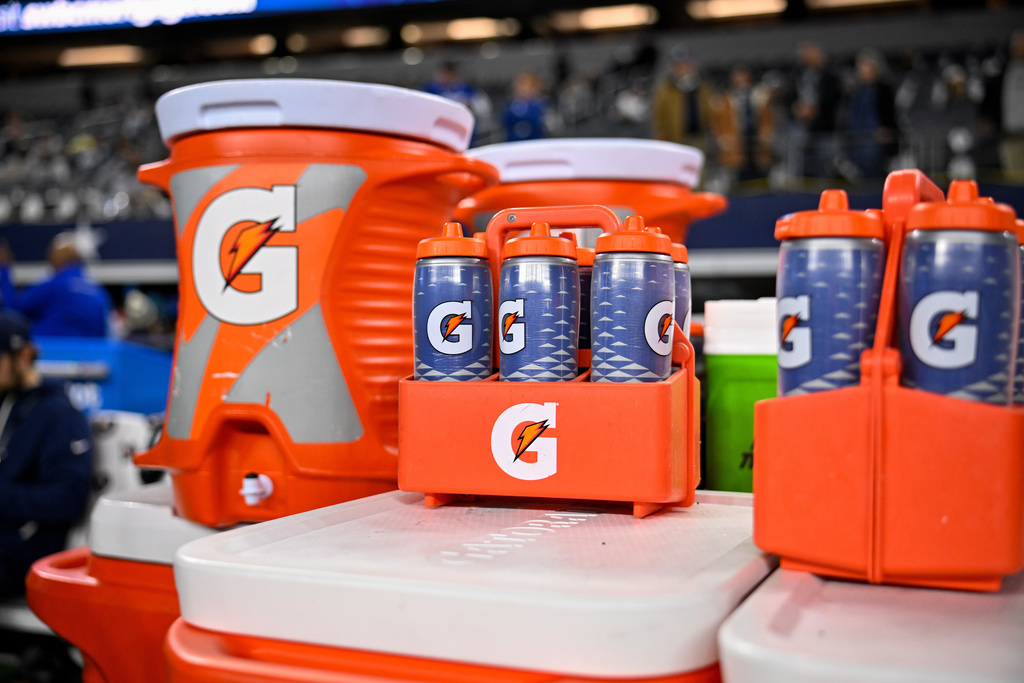  Gatorade bottles and coolers are seen on the sideline before an NFL football game between the Dallas Cowboys and the Minnesota Vikings
