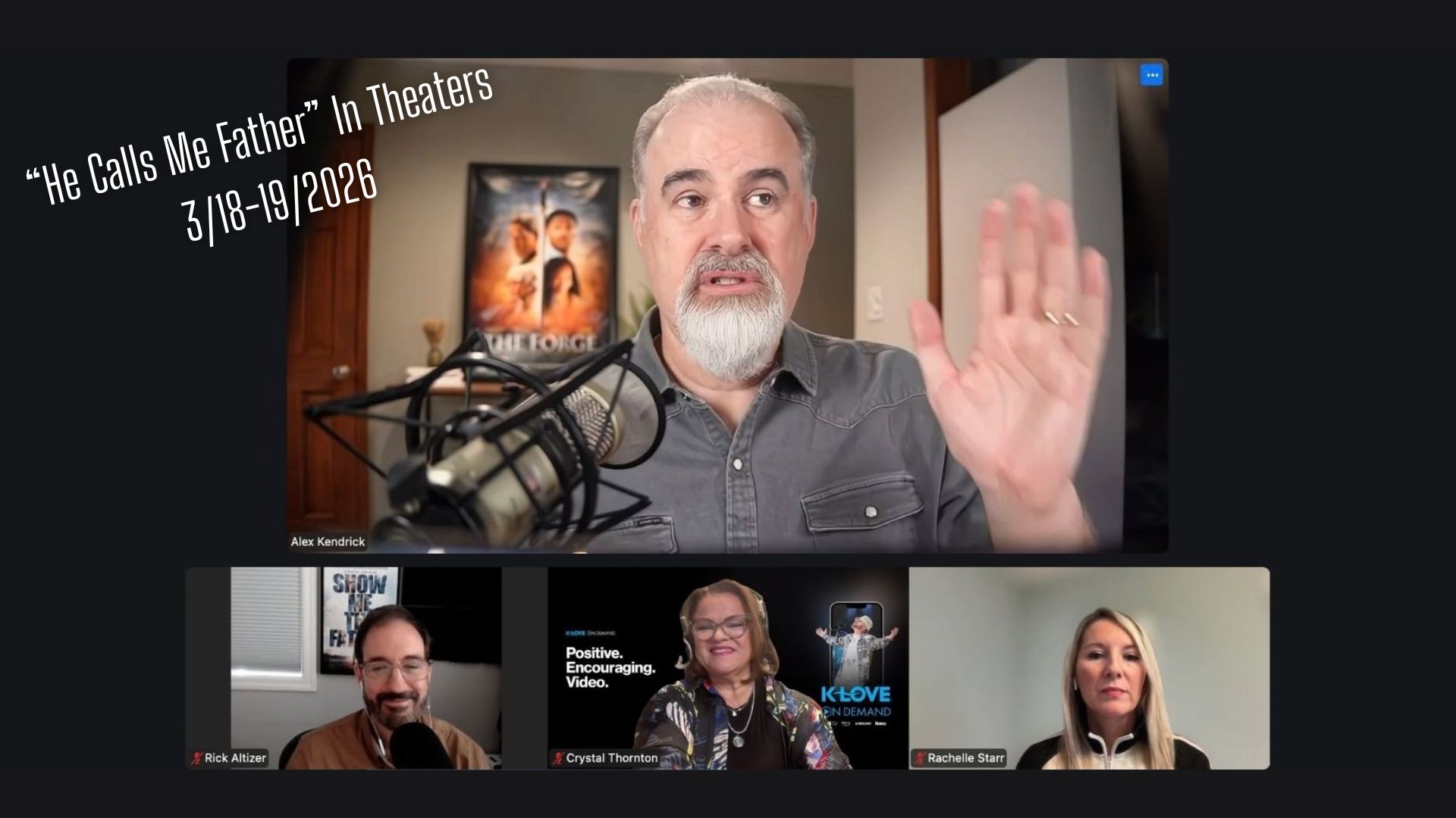 Top: Alex Kendrick. Bottom row (left to right): Director Rick Altizer, K-LOVE National News Anchor Crystal Thornton, and Rochelle Starr discussing the documentary He Calls Me Daughter.