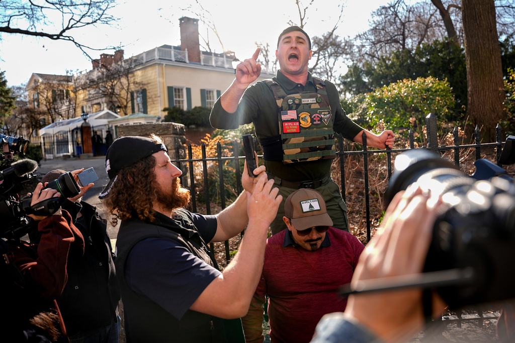 Jake Lang demonstrates outside Gracie Mansion after a news conference by New York Mayor Zohran Mamdani
