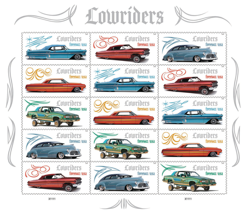 Image provided by the U.S. Postal Service shows a series of stamps featuring lowriders that is being released in March