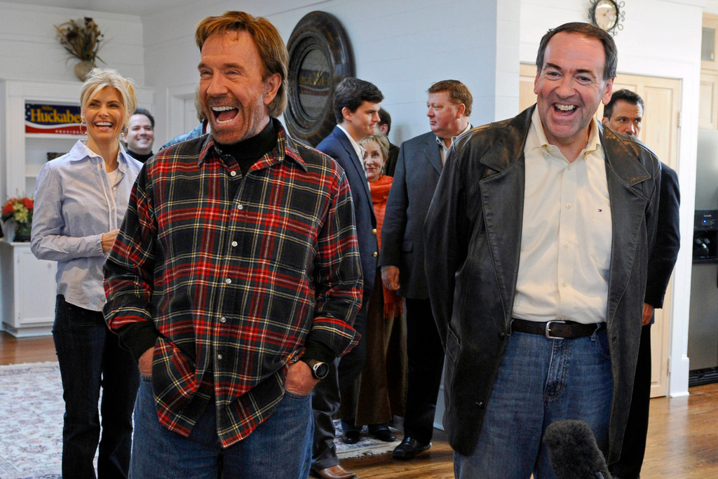 Former Arkansas Gov. Mike Huckabee, right, appears with actor Chuck Norris on Jan. 20, 2008 in Navasota, Texas
