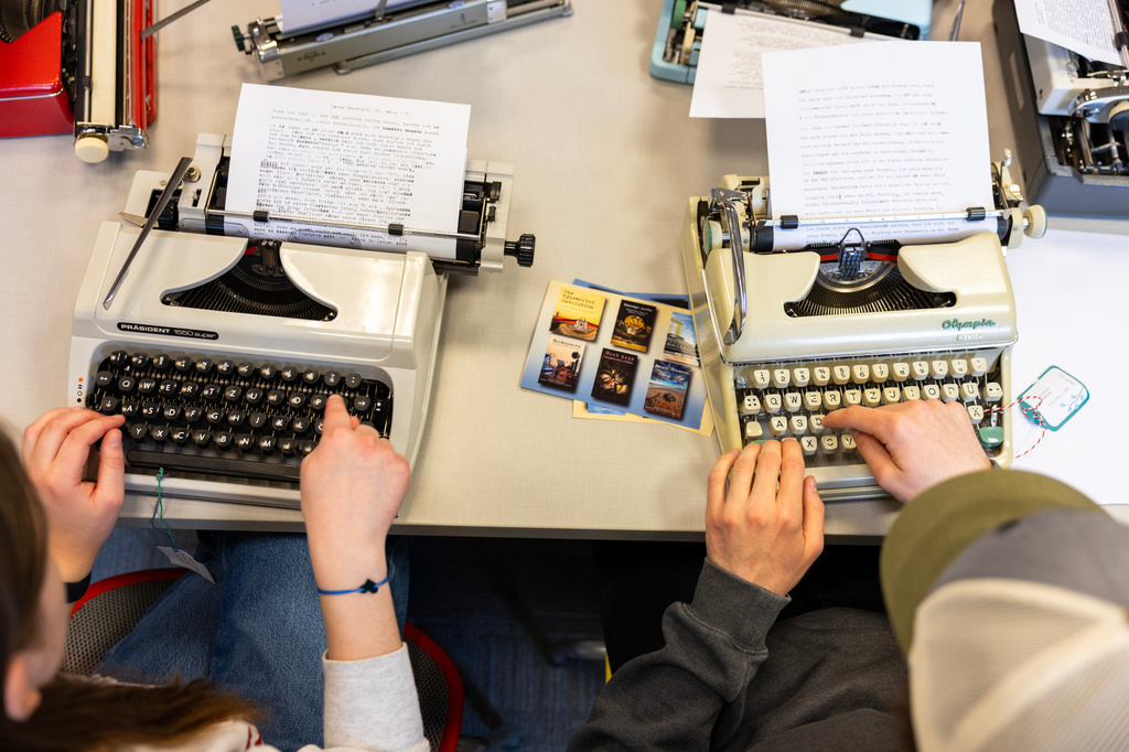 Students arrived for class on a recent analog day to find typewriters at the desks
