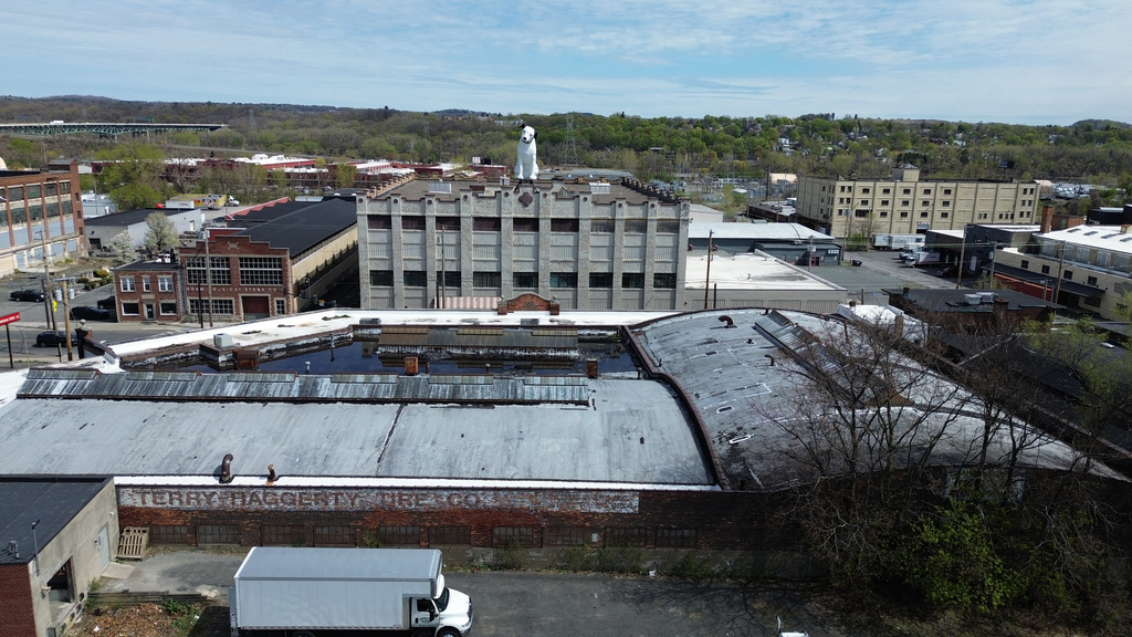 A giant statue of Nipper the dog sits atop a building in the warehouse district in Albany, N.Y.