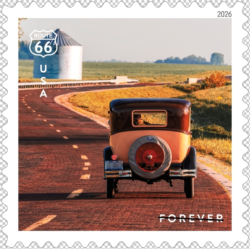 A stretch of Route 66 near Auburn, Ill., as part of a series of stamps marking the historic road