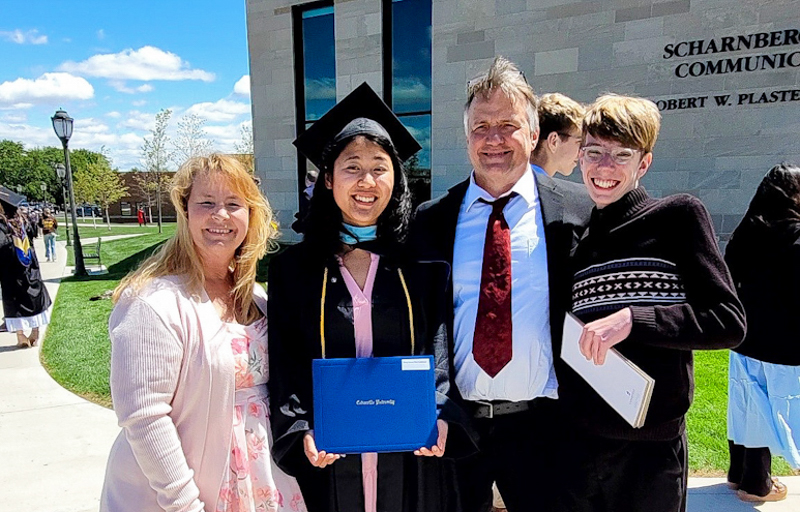 Olivia “Ms. L” Luckhaupt celebrates her graduation from Cedarville University with family after earning her degree in special education. Luckhaupt plans to use her experience with visual impairment to advocate for students with disabilities