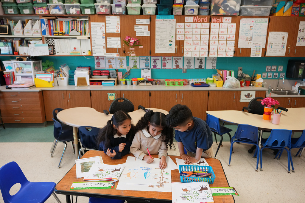 Kindergarten students work on a project at Munger Elementary-Middle School Thursday, May 7, 2026, in Detroit