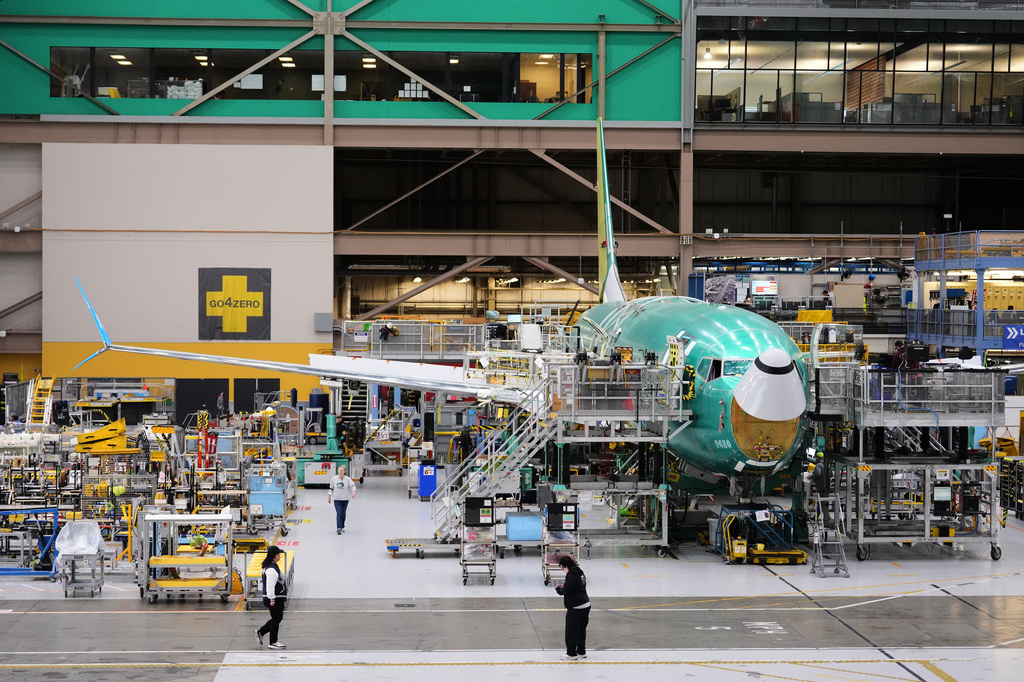 A Boeing 737 MAX airplane on the final assembly line