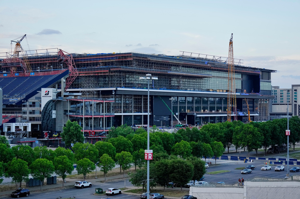 Construction continues on a new enclosed stadium for the Tennessee Titans